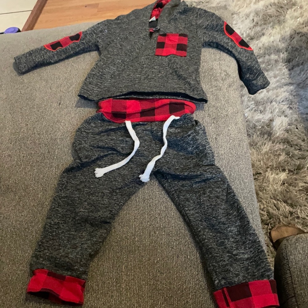 Matching set gray and red and black plaid